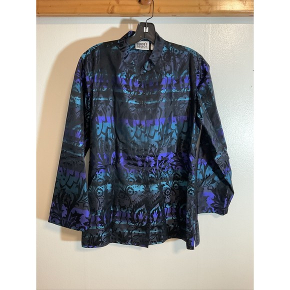 Chico's Design Women’s 1 Silk Blazer Black Blue Art to Wear Oriental Button - Picture 1 of 10